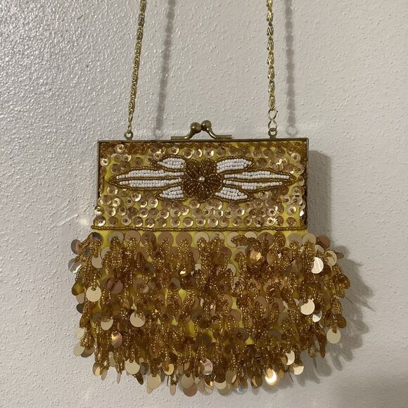 Vintage Y2K Gold Beaded Sequin Fairy 20s Art Deco Flapper Style Crossbody Bag - Picture 6 of 10